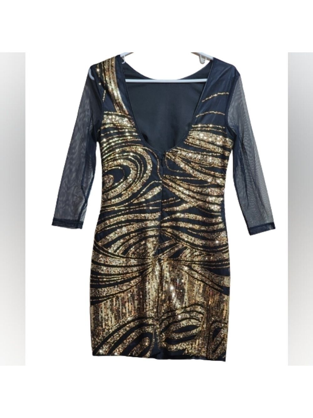 Bebe black bobycon long sleeve golden sequin mini dress size small - Picture 3 of 5